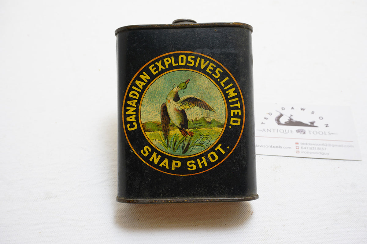 BEAUTY CANADIAN EXPLOSIVES SNAP SHOT POWDER TIN Ted Dawson Antique Tools