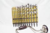FINE SET OF 13 IRWIN AUGER BITS ON ORIG TIN HOLDER PLUS STANLEY 923 BRACE