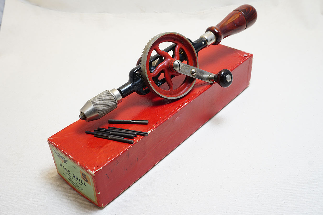 LIKE NEW IN BOX MILLERS FALLS NO. 5 HAND DRILL WITH 8 ORIGINAL