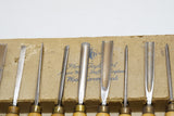 SET OF 12 HENRY TAYLOR CARVING CHISELS ON ORIGINAL TAYLOR HOLDER