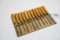 SET OF 12 HENRY TAYLOR CARVING CHISELS ON ORIGINAL TAYLOR HOLDER