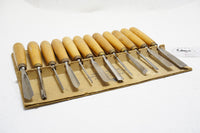 SET OF 12 HENRY TAYLOR CARVING CHISELS ON ORIGINAL TAYLOR HOLDER