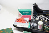 DEAD MINT SINGER 221 FEATHERLIGHT SEWING MACHINE EH007710 + CASE, ACCESSORIES