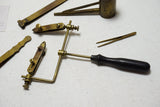 LOVELY LOT OF ENGLISH BRASS WATCHMAKERS TOOLS INCL EBONY & BRASS DBLE VISE