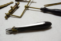 LOVELY LOT OF ENGLISH BRASS WATCHMAKERS TOOLS INCL EBONY & BRASS DBLE VISE