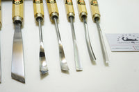 FINE SET OF 10 TWO CHERRIES CARVING CHISELS IN ORIGINAL TOOL ROLL