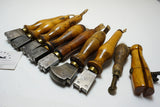 EXCELLENT SET OF 9 FRENCH LEATHER TOOLS - FINISHING IRONS, CLAMP & PRICKER