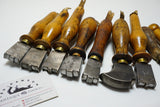 EXCELLENT SET OF 9 FRENCH LEATHER TOOLS - FINISHING IRONS, CLAMP & PRICKER