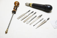 FINE FRAY PATENT ROSEWOOD TOOL HANDLE + 7 ORIG BITS PLUS ARCHIMEDEAN DRILL