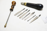 FINE FRAY PATENT ROSEWOOD TOOL HANDLE + 7 ORIG BITS PLUS ARCHIMEDEAN DRILL