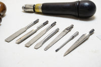 FINE FRAY PATENT ROSEWOOD TOOL HANDLE + 7 ORIG BITS PLUS ARCHIMEDEAN DRILL
