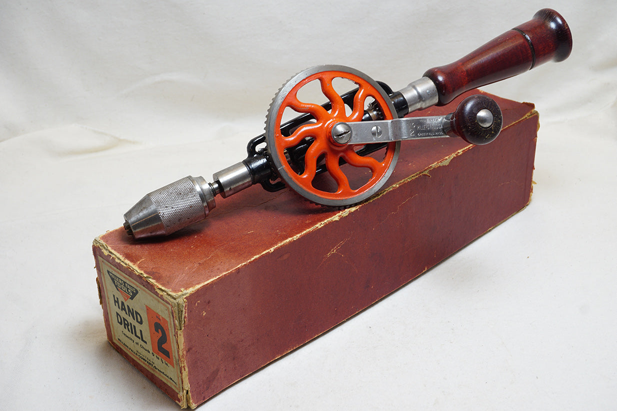 DEAD MINT IN BOX MILLERS FALLS NO. 2A HAND DRILL - 7 ORIGINAL BITS
