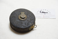 VERY EARLY LEATHER TAPE REEL IN STIPPLED CASE 50 FT - INCHES AND LINKS