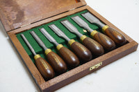 MINTY SET OF 7 WOODCRAFT ROSEWOOD HANDLED BUTT CHISELS IOB