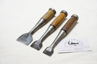 FINE SET OF 3 JAPANESE HOLLOW GROUND NOMI / BUTT CHISELS - 24 ~ 42mm