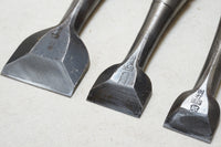 FINE SET OF 3 JAPANESE HOLLOW GROUND NOMI / BUTT CHISELS - 24 ~ 42mm