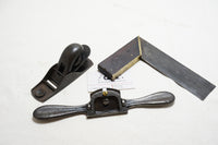 GOOD LOT OF 3 1800s TOOLS - STANLEY 103 PLANE, SQUARE, SPOKESHAVE