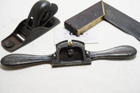 GOOD LOT OF 3 1800s TOOLS - STANLEY 103 PLANE, SQUARE, SPOKESHAVE