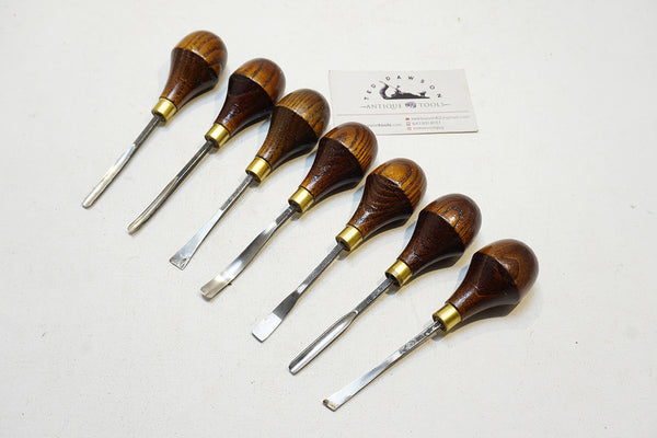 GREAT SET OF 7 PALM HANDLED CARVING CHISELS