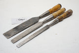 FINE SET OF 3 HEAVY PARING CHISELS - 1/4", 3/4", 1 1/2" - WITHERBY ETC