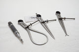 FINE SET OF 4 STARRETT 7" INSIDE & OUTSIDE CALIPERS, DIVIDER, CENTER PUNCH