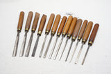 FINE SET OF 13 ADDIS CARVING CHISELS WITH MATCHING HANDLES